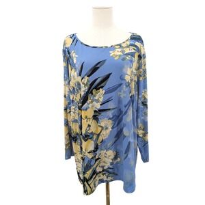 Bob Mackie Wearable Art Tunic Top Women's 3X‎ Blue Floral Print Long Sleeve